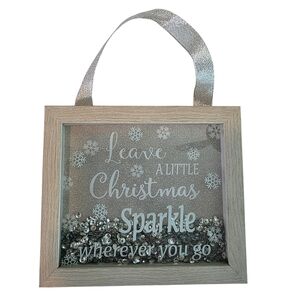 Festive Sparkle Glitter Snowflake Silver and Wood Holiday Frame EUC